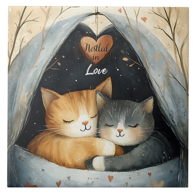 Nestled i Kattunge Cuddles Illustrated Art i Kärle Kakelplatta (Framsidan)