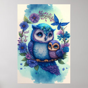 Nestling - Utskrift Poster av Mamma & Baby Uggla