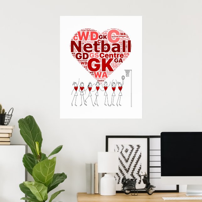 Netball-lägen - typisk hjärtdesign poster (Hemmakontoret)