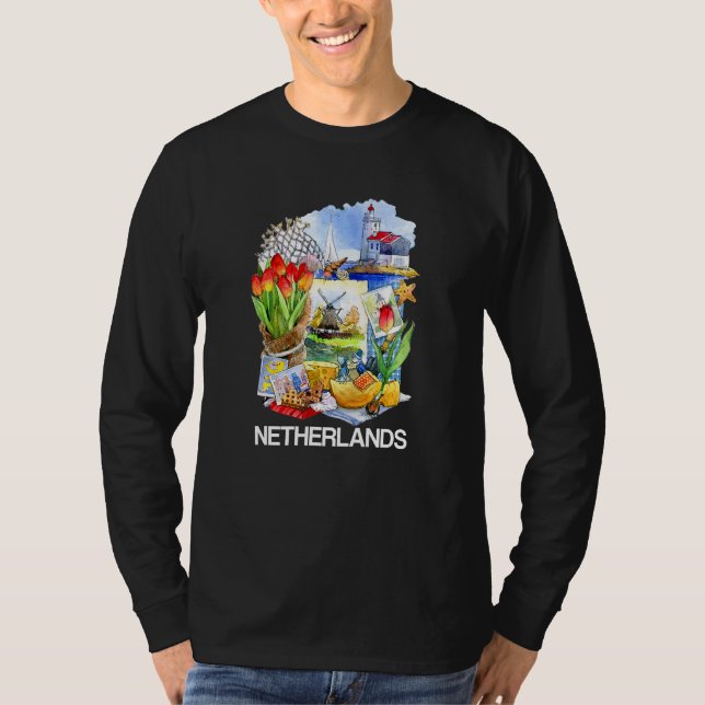 Netherlands Dutch Symbols Canals Tulips Windmills  T Shirt (Framsida)