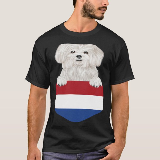 Netherlands Flag Maltese Dog In Pocket T Shirt (Framsida)