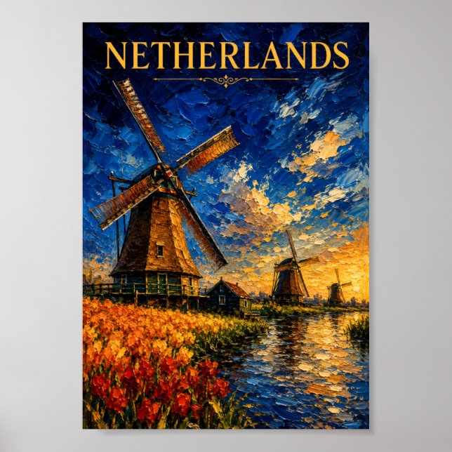 Netherlands: Golden Sunset Windmill Art Souvenir Poster (Framsidan)