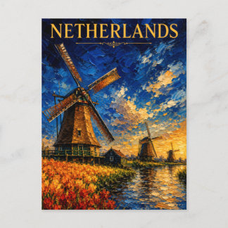 Netherlands: Golden Sunset Windmill Art Souvenir Vykort
