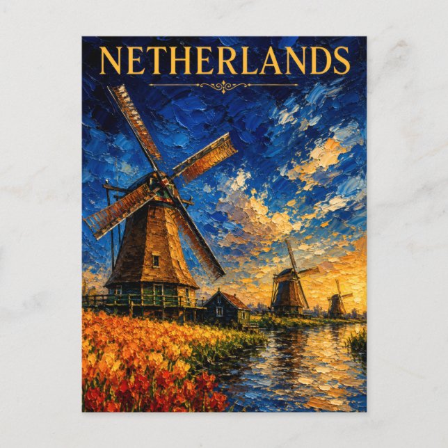 Netherlands: Golden Sunset Windmill Art Souvenir Vykort (Framsida)