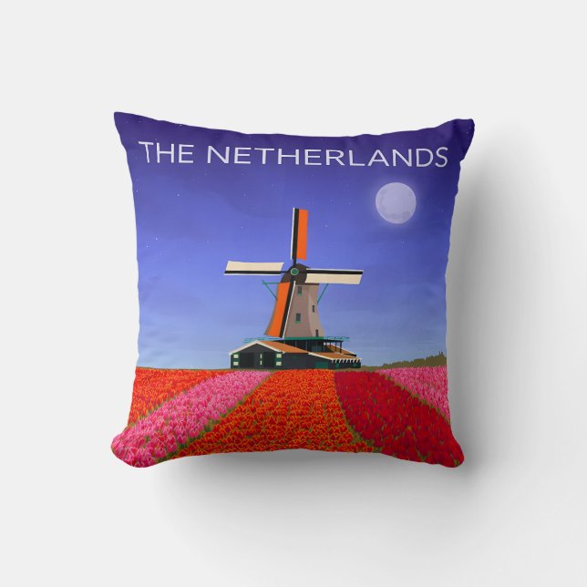 Netherlands Throw Pillow Tulip Field Windmill Kudde (Framsida)