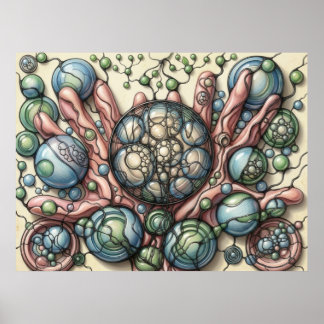 Neurografisk konstaffisch Grön Blå Sfärer Blomma Poster
