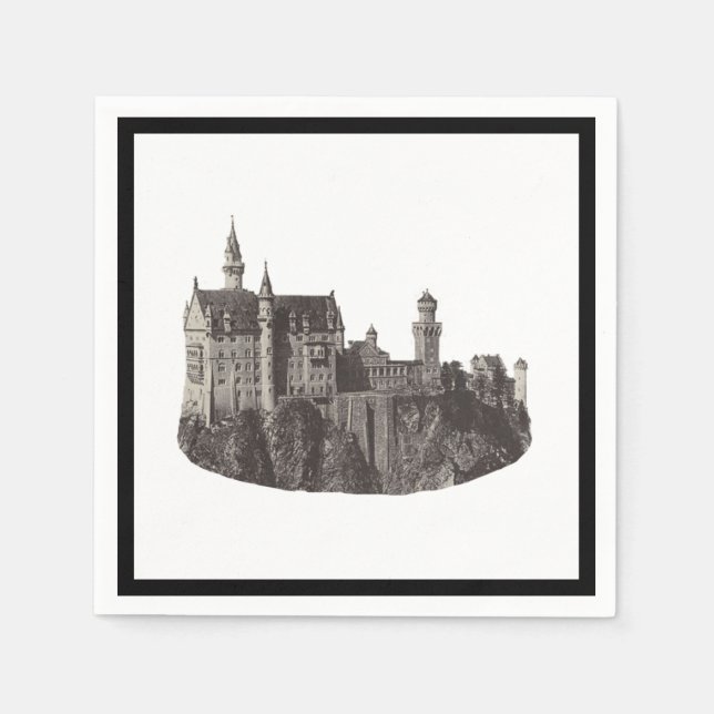 Neuschwanstein Castle Black and White Historic Art Pappersservett (Framsidan)