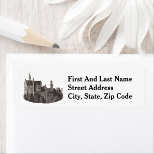Neuschwanstein Castle Black and White Historic Art Returadress Etikett