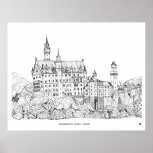 Neuschwanstein Castle Tyskland Bra Line Art Poster