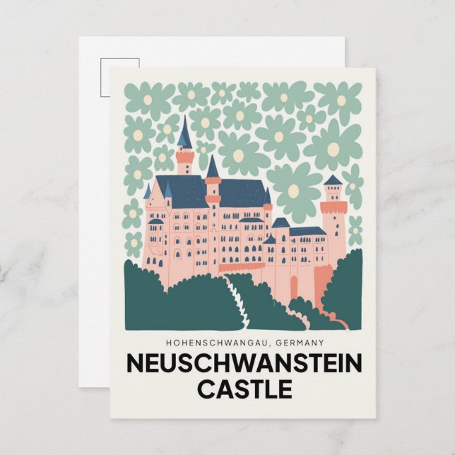 Neuschwanstein Castle Tyskland RESE blommigt art Vykort (Fram/baksida)