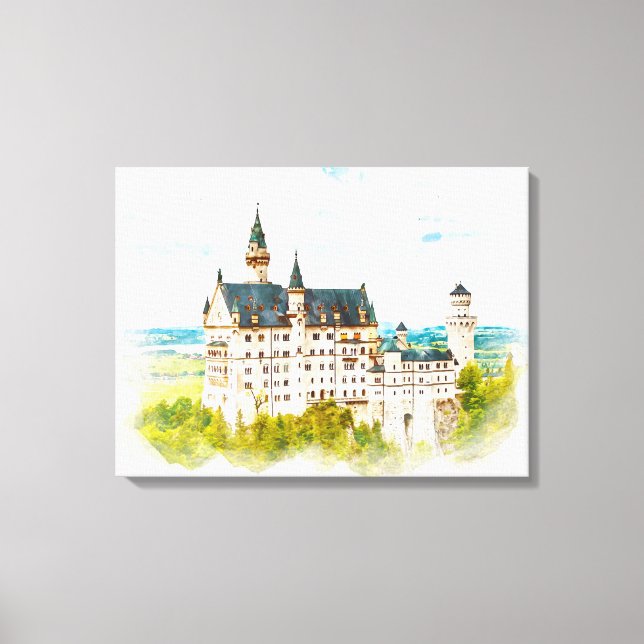 Neuschwanstein Castle Tyskland Watercolor Painting Canvastryck (Framsida)