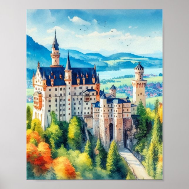Neuschwanstein Castle Tyskland Watercolor Poster (Framsidan)