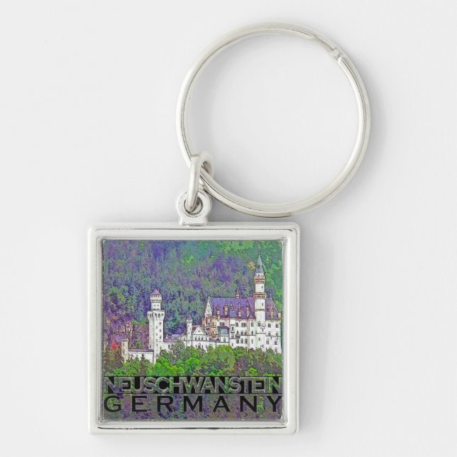 Neuschwanstein Fyrkantig Silverfärgad Nyckelring (Framsidan)