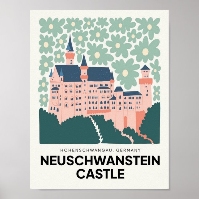 Neuschwanstein slott Tyskland resor blommig konst Poster (Framsidan)