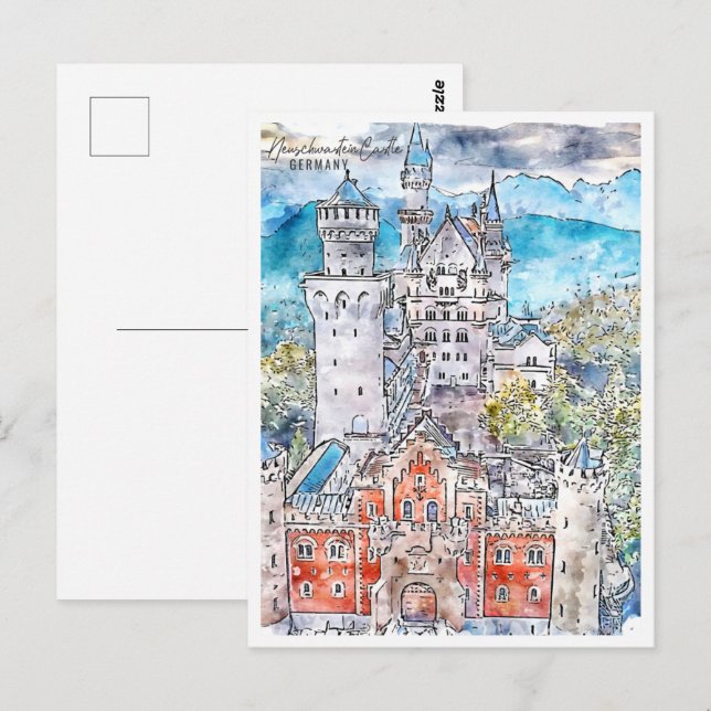Neuschwaste ein Castle Tyskland Travel Watercolor Vykort (Fram/baksida)