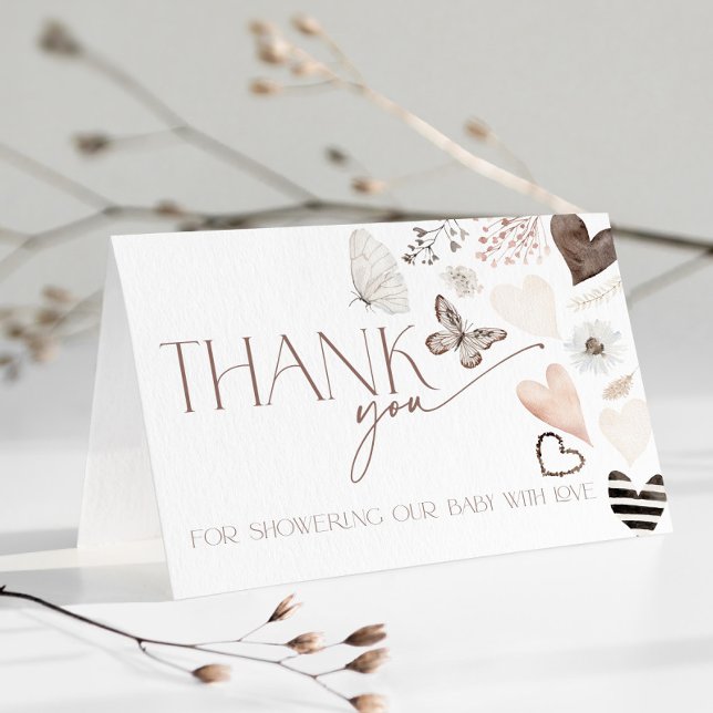 Neutral Alla Hjärtans Dag Baby Shower Fjäril Tack Kort (Thank You Card with hearts and Butterfly)