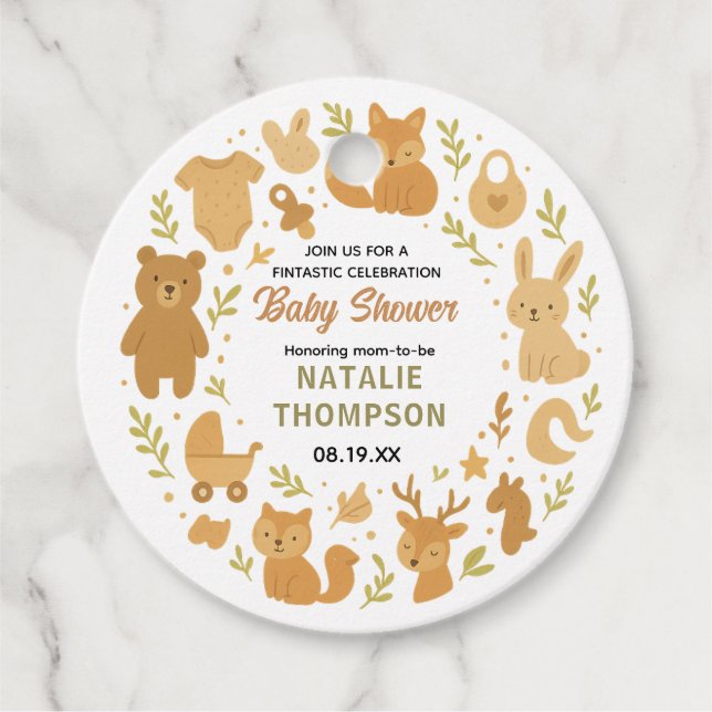 Neutral Baby Boy Shower | Cute Safari Animal Gåvor Etiketter (Framsida)