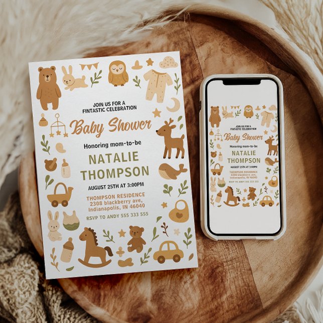 Neutral Baby Boy Shower | Cute Safari Animal Inbjudningar (Neutral Baby Boy Shower | Cute Safari Animal Invitation)