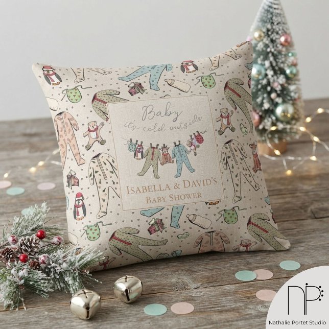 Neutral Baby It's Cold Outside Vinter Baby Shower Kudde (This winter baby shower decor features hand-drawn illustrations, natural linen pillow nursery decor)