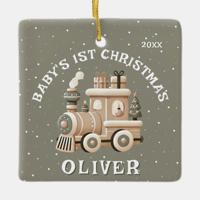 Neutral Baby’s 1st Christmas Train Keepsake Photo Julgransprydnad Keramik (Framsida)