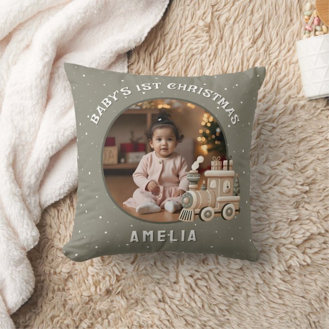 Neutral Baby’s 1st Christmas Train Keepsake Photo Kudde (Filt)