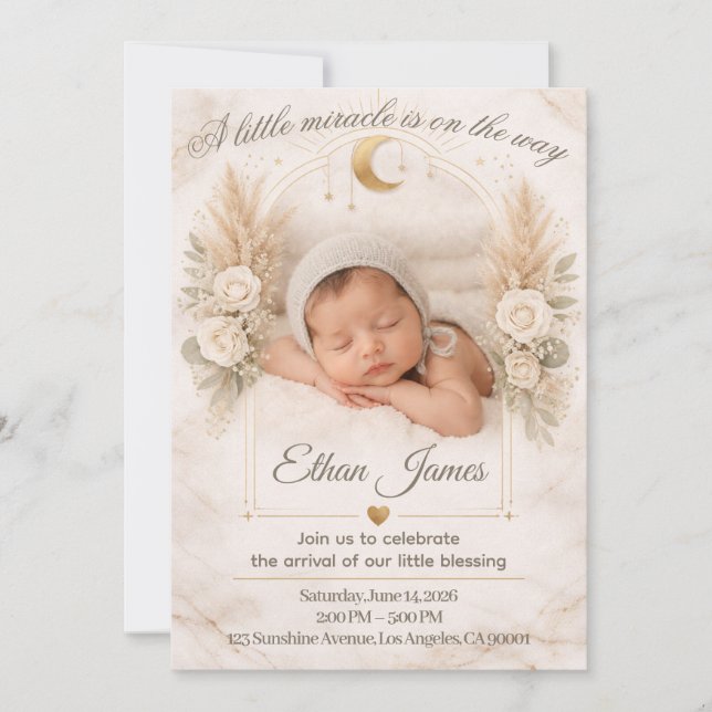 Neutral Baby Shower Boho Blommig Måne Baby Sprinkl Inbjudningar (Framsida)