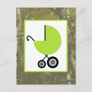 Neutral baby shower - grön vagn & kamouflage inbjudningar