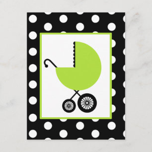 Neutral baby shower - grön vagn & polka dots inbjudningar