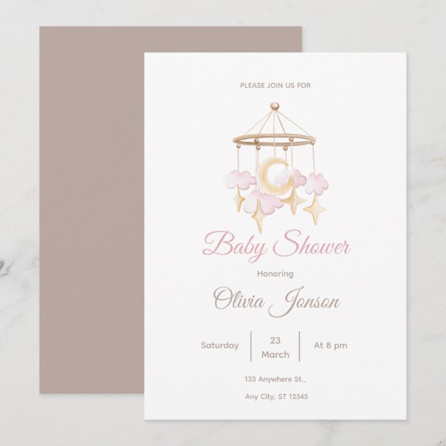Neutral Baby Shower Invitation Moon and Stars Inbjudningar (Fram/baksida)