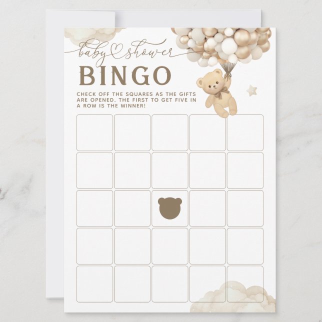 Neutral baby shower- lek med björn och ballonger inbjudningar (Framsida)