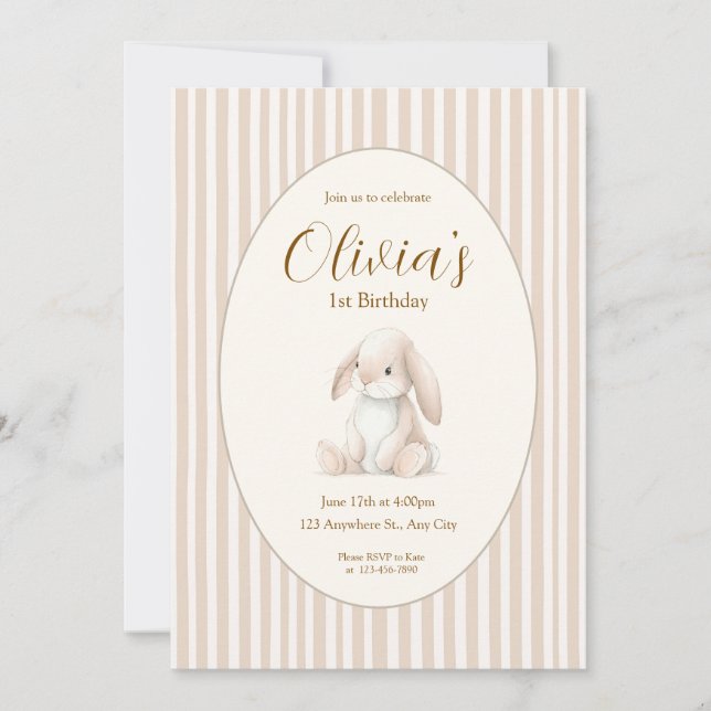 Neutral Baby's First Birthday Bunny Invitation Inbjudningar (Framsida)