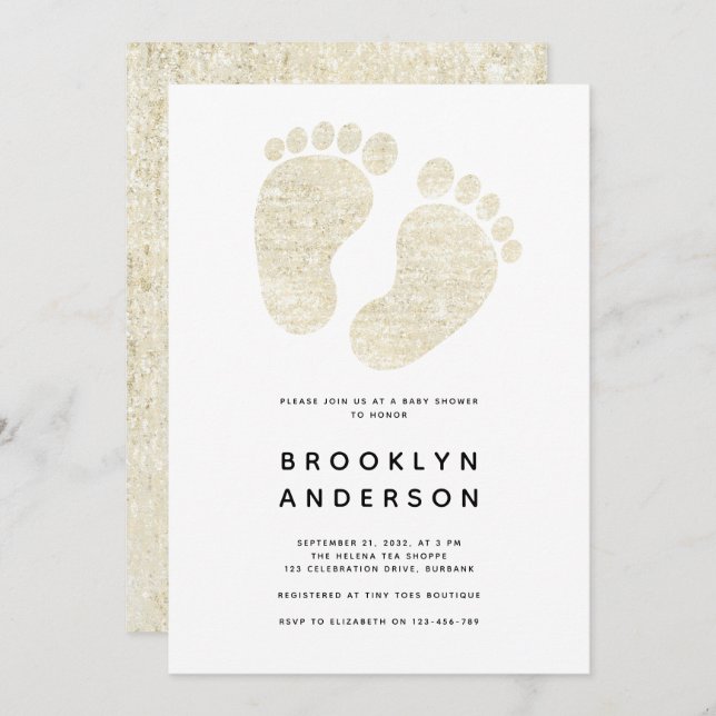 Neutral babystötare för baby fötter Guld Glitter Inbjudningar (Fram/baksida)