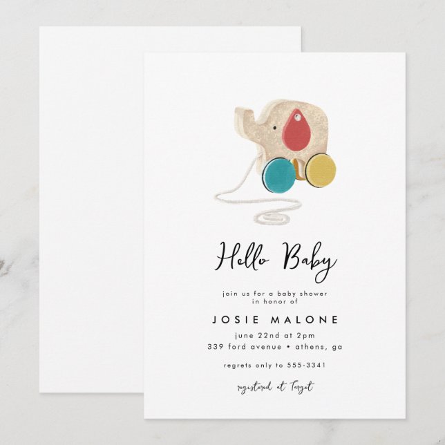 Neutral babystövel i modern Elephant Leksak Inbjudningar (Fram/baksida)