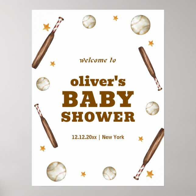 Neutral Batter Up Baseball Baby Shower Welcome  Poster (Framsidan)