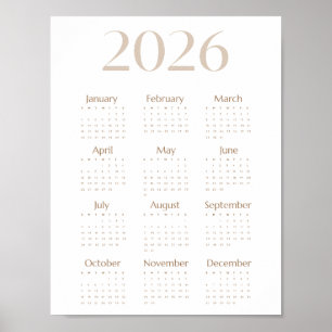 Neutral Beige 2026 Kalender Minimalistisk En-Sida Poster