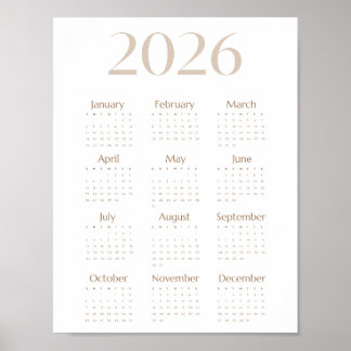 Neutral Beige 2026 Kalender Minimalistisk En-Sida Poster
