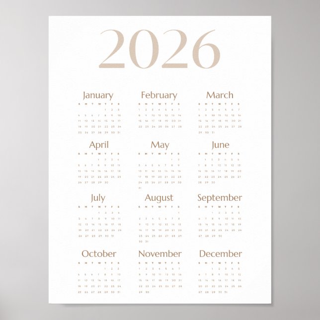Neutral Beige 2026 Kalender Minimalistisk En-Sida Poster (Framsidan)