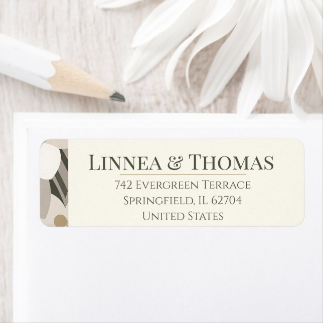 Neutral Beige Abstrakt Modern Redaktionell Bröllop Returadress Etikett (Insitu)