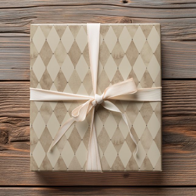 Neutral Beige Akvarell Harlequin Diamantmönster Presentpapper (Skapare uppladdad)