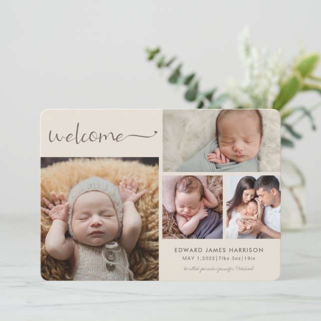 Neutral Beige Baby Fotokollage Välkomst Födelse Meddelande (Stående Fram)