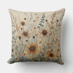 Neutral Beige Blå Brun Vildblommeprint Kudde