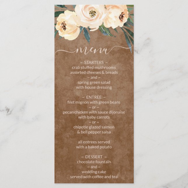 Neutral Beige Blommig Boho Brun Bröllopsmeny Meny (Framsida)