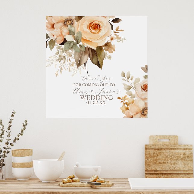 Neutral Beige Blommig Botanisk Bröllop Brun Poster (Kök)