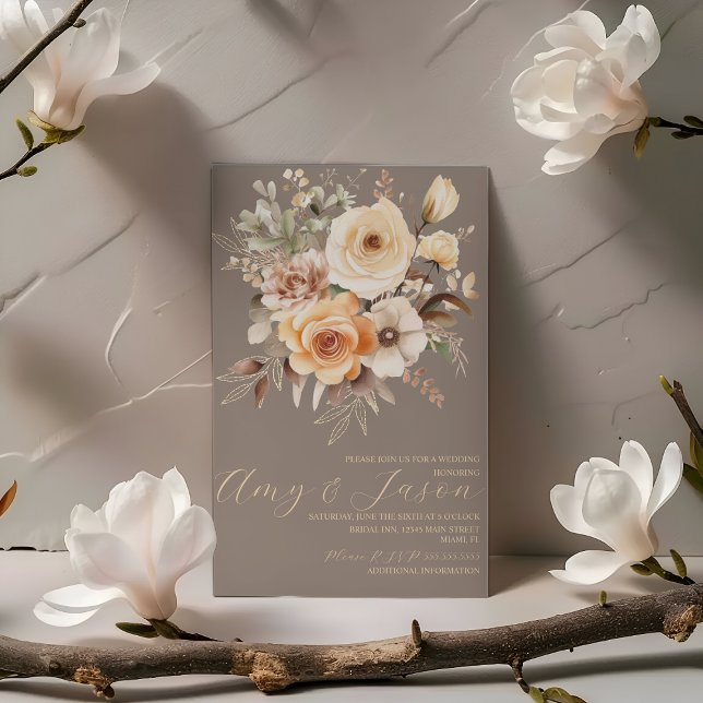 Neutral Beige Blommig Botanisk Bröllop  Inbjudningar (Skapare uppladdad)
