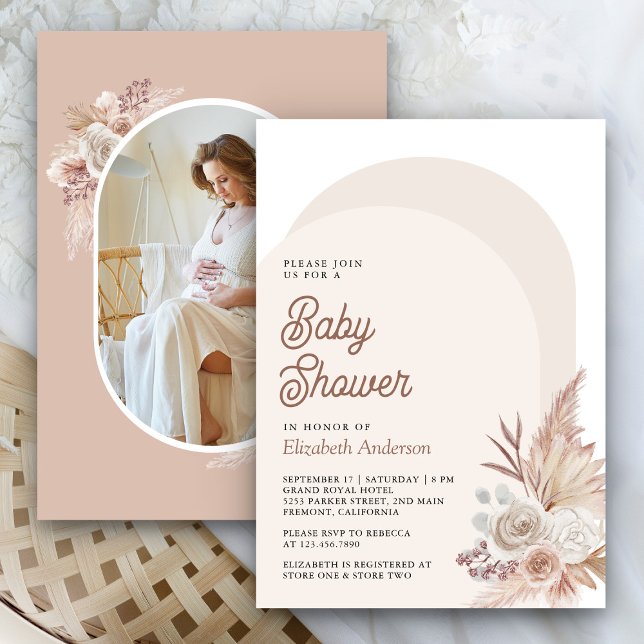 Neutral Beige Blommig Pampas Foto Bebis Shower Inbjudningar (Skapare uppladdad)