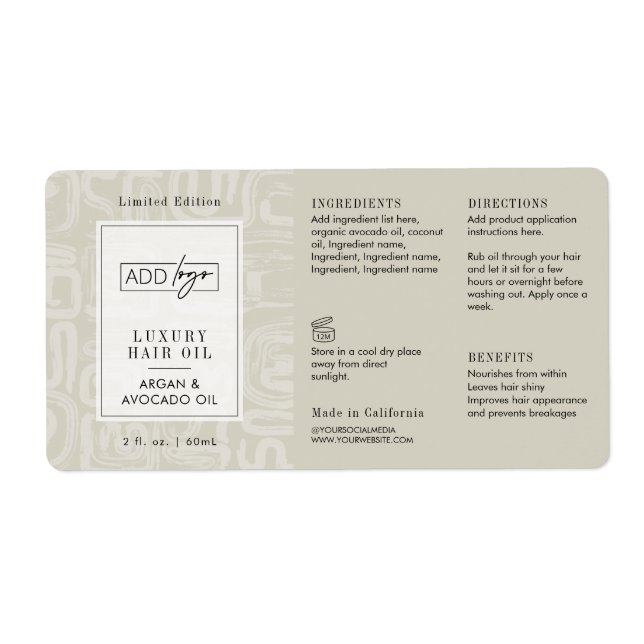 Neutral Beige Boho Pattern Logo 2OZ Dropper Bottle Fraktsedel (Framsidan)