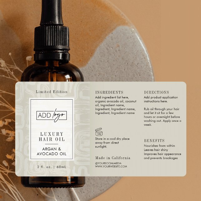 Neutral Beige Boho Pattern Logo 2OZ Dropper Bottle Fraktsedel (Elegant cream and white tones custom logo cosmetic bottle wrap around label design )