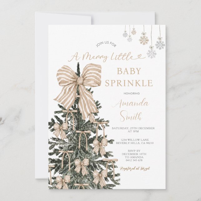 Neutral Beige Bow Julgran Baby Sprinkle  Inbjudningar (Framsida)