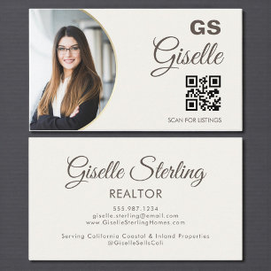 Neutral Beige Foto Monogram Realtor QR-kod Visitkort