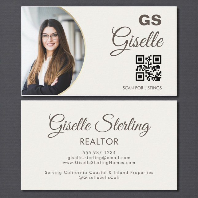 Neutral Beige Foto Monogram Realtor QR-kod  Visitkort (Skapare uppladdad)